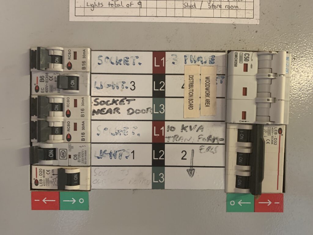 Labelled three phase consumer unit with RCBOs, the kind of board change we do for St Neots homes