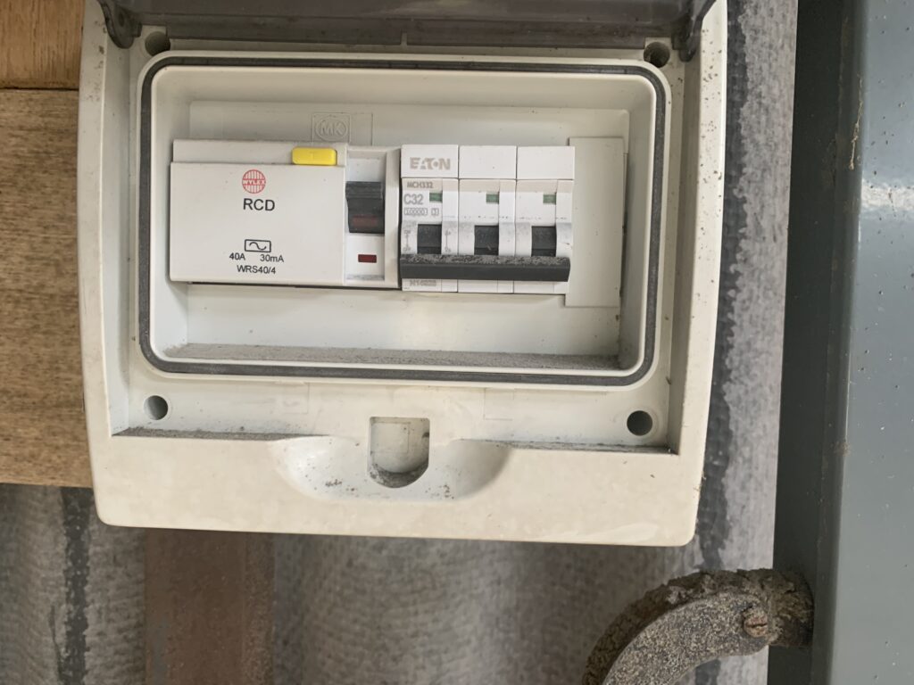 Small RCD protected consumer unit in an outbuilding, typical of the fault finding we do around Hail Weston