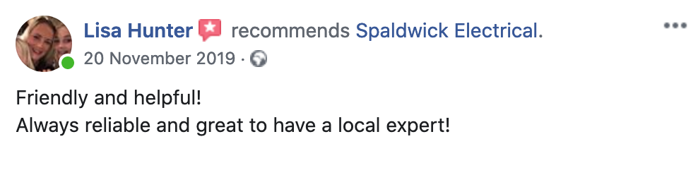 Facebook recommendation of Spaldwick Electrical by Lisa Hunter