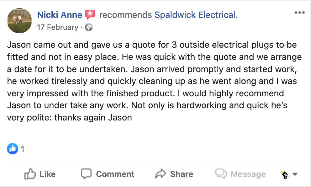 Facebook recommendation of Spaldwick Electrical by Nicki Anne for three outside sockets