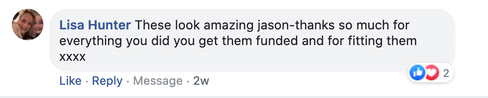 Facebook comment from Lisa Hunter thanking Jason for funding and fitting new lights