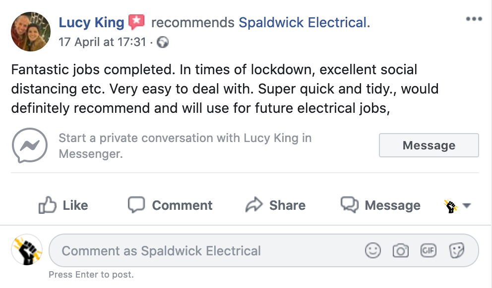 Facebook recommendation of Spaldwick Electrical by Lucy King