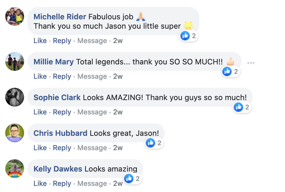 Facebook comments thanking Jason Pope for the new lights at Playtimes Playgroup, Spaldwick