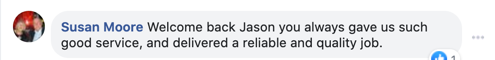 Facebook comment from Susan Moore welcoming Jason Pope back