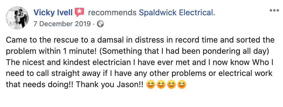 Facebook recommendation of Spaldwick Electrical by Vicky Ivell