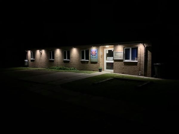 New outside downlighters lighting up Playtimes Playgroup in Spaldwick at night