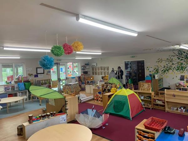 New LED batten lights in the main playroom at Playtimes Playgroup, Spaldwick