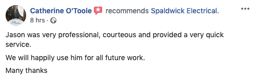 Facebook recommendation of Spaldwick Electrical by Catherine O'Toole
