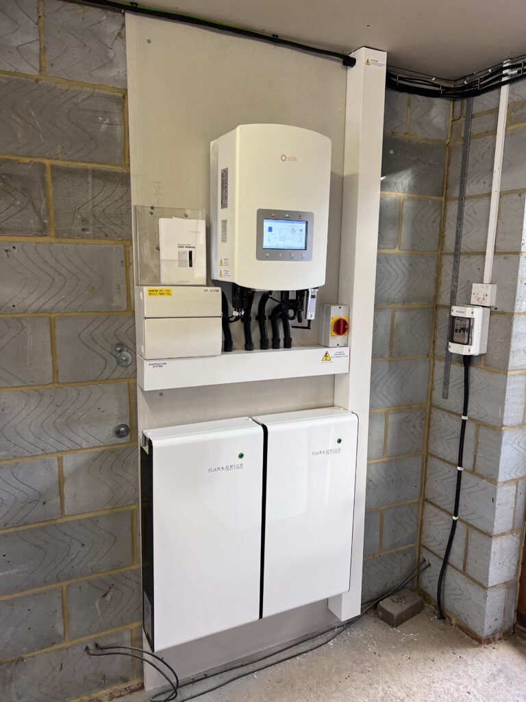 Hybrid inverter and two Pure Drive batteries fitted in the garage for the Brampton solar installation
