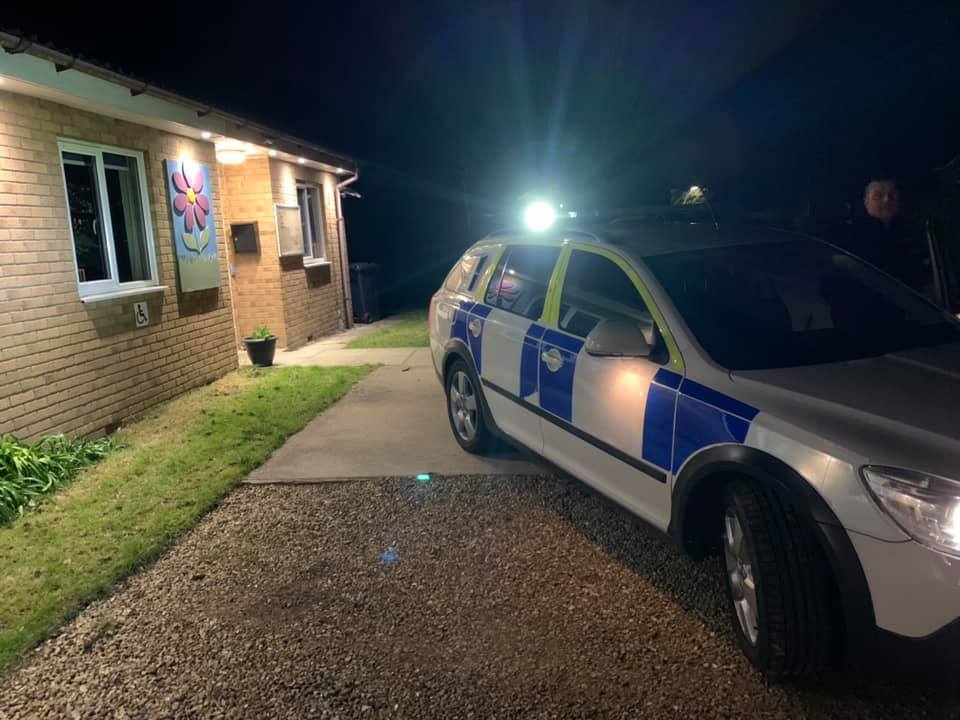 Blueline Security car calling in at Playtimes Playgroup, Spaldwick, to see the new lights at night