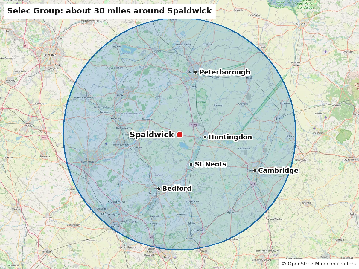Map showing the area about 30 miles around Spaldwick that Selec Group covers